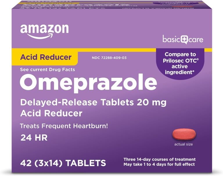 Amazon Basic Care Omeprazole Delayed Release Tablets 20 mg, Treats Frequent Heartburn, Acid Reducer, Heartburn Medicine, 42 Count (Pack of 1) (Packaging may vary)