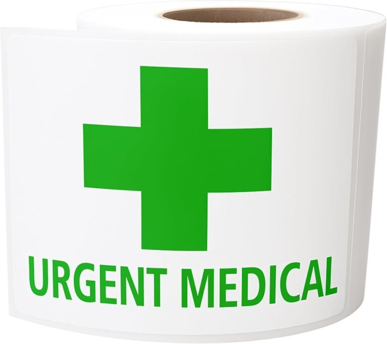 Urgent Medical Labels with Green Cross – Roll of 400 Latex-Free Stickers 100mm x 80mm (Approx 4″ x 3″) on 38mm (1.5″) Core with Strong Adhesive. for Courier, Healthcare, Pharmacy, Clinic or Lab Use.