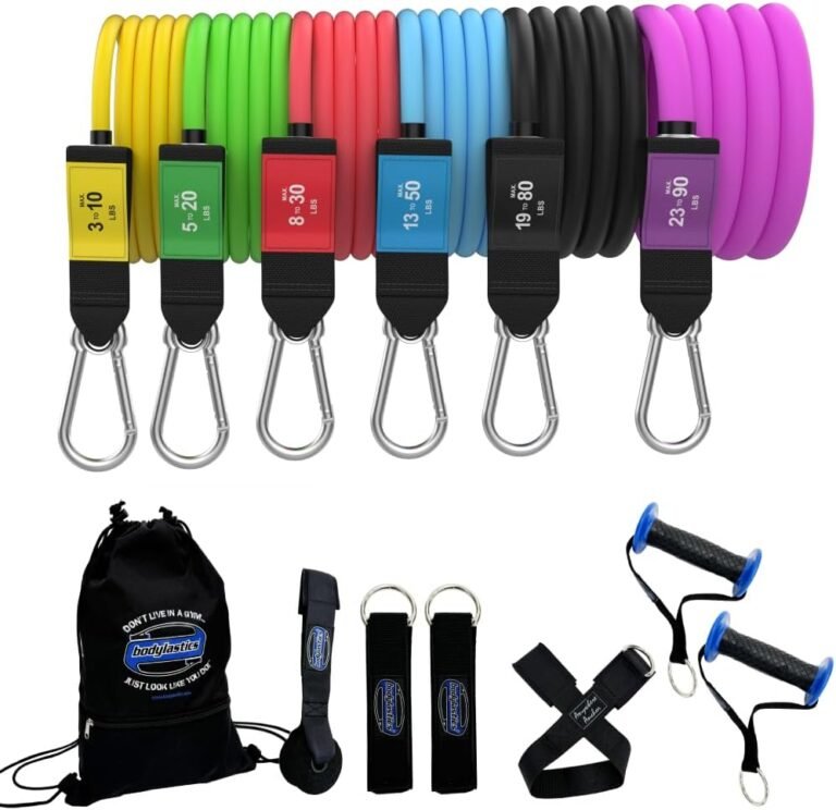 Bodylastics Patented Basic Series Resistance Band Set – 5 Resistance Bands with Snap Reduction Tech, 2 Handles, 2 Ankle Straps, 1 Door Anchor & 1 Carry Bag