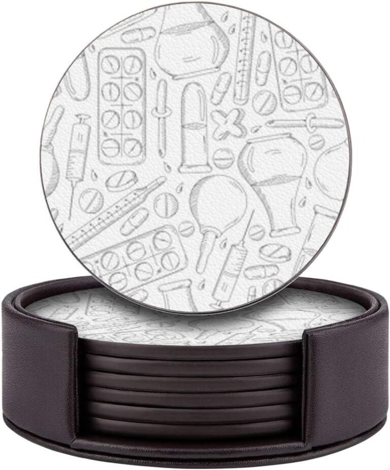 Set of 6 Round Leather Coasters with Holder for Bar, Drinks, Coffee (Healthcare Medicine Pharmacy Pattern)