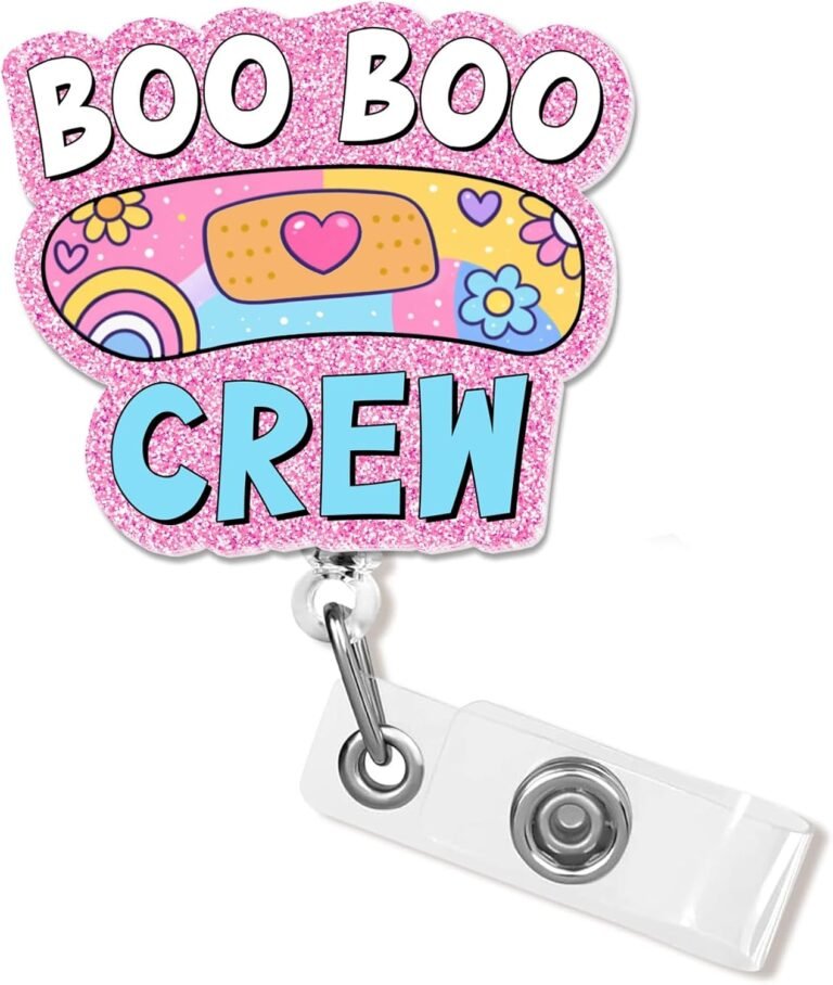 Boo Boo Crew Cute Badge Reel with Pink Glitter, Funny Bandage Retractable ID Clip Holder Gift for Wound Care Nurse, Medical, Healthcare, Wound Care, Doctor, Pharmacy Student