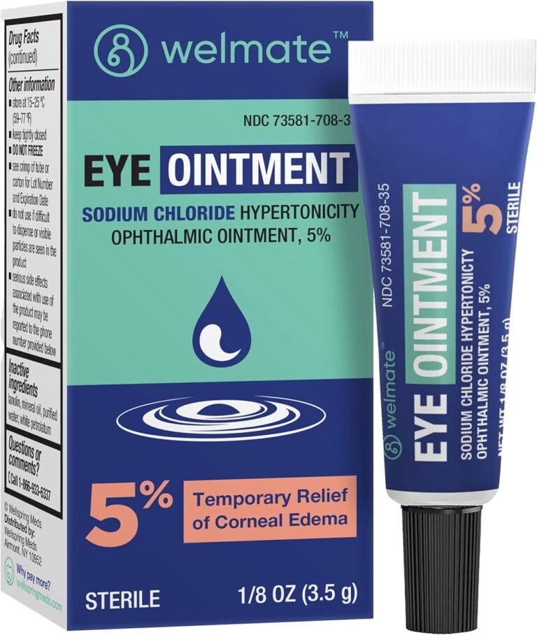 WELMATE – Eye Ointment (1 Tube) – Sodium Chloride Hypertonicity Ophthalmic Ointment 5% – Relief of Corneal Edema Symptoms – Lanolin & Mineral Oil – Sterile – Travel Size – Eye Care – 1/8 oz (3.5g)